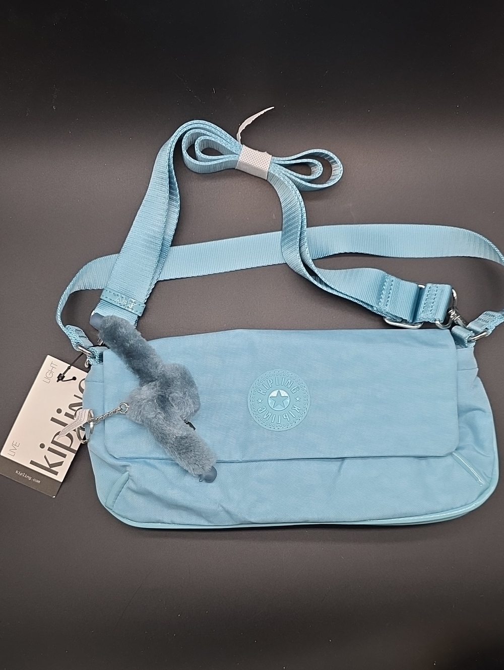 NWT Kipling Light Blue Crossbody Bag with Plush Monkey Charm